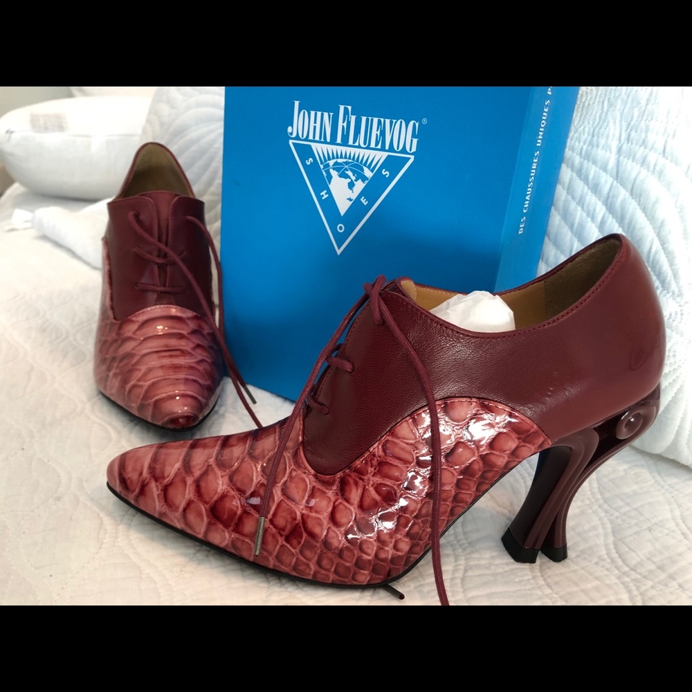 John Fluevog famous heel in fun red, brick pink.